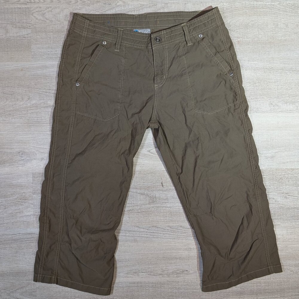 Kuhl Pants Capri Womens 10 Green Olive Outdoor Floral Hiking Heart Embroidery